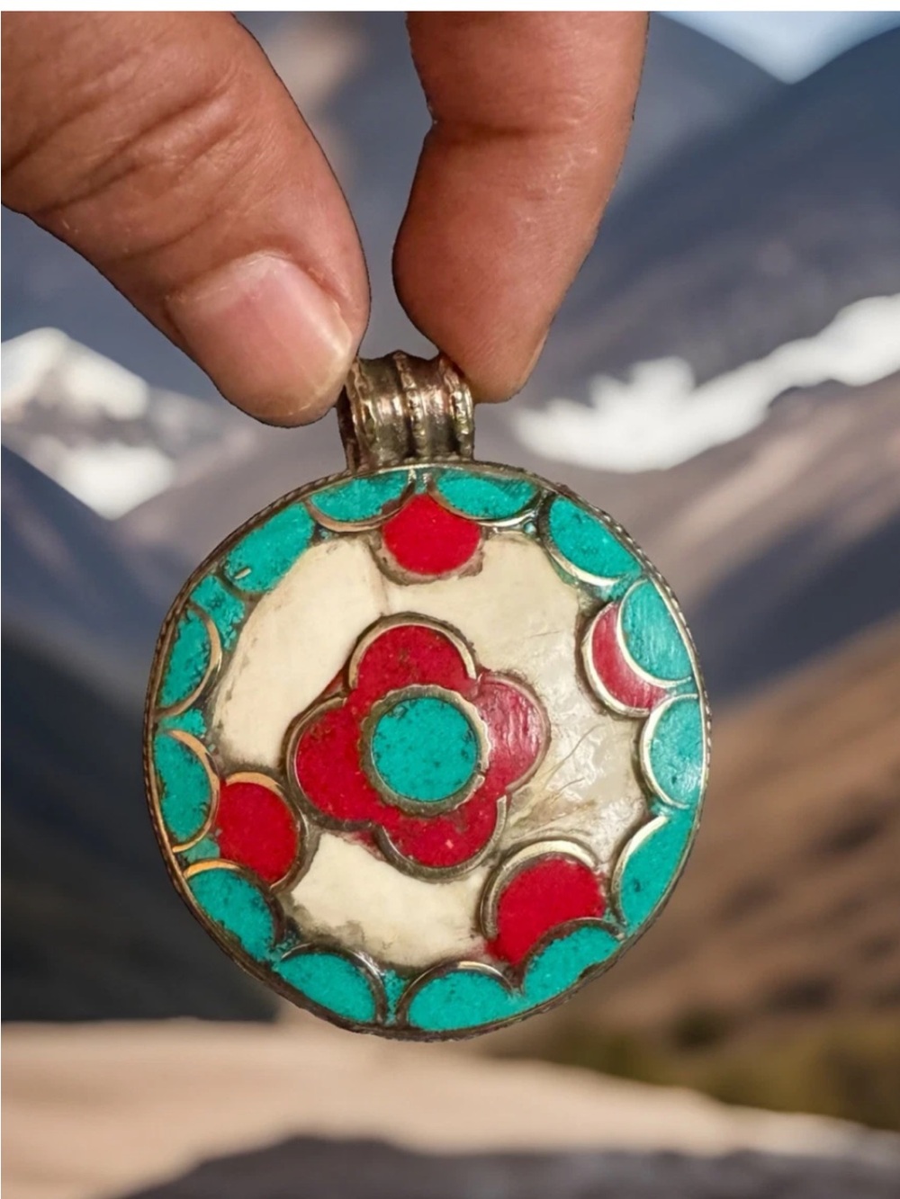 Vintage & Unique Ethnic Tibetan Yak Bone Amulet Pendant With Inlay Stones 64gram